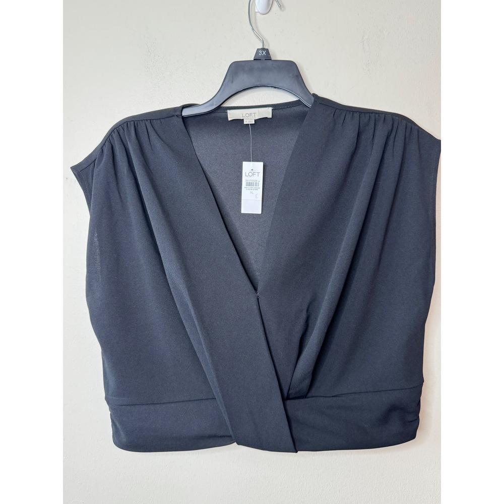 LOFT Black Surplice V-Neck Sleeveless Blouse Ruched Side Zip